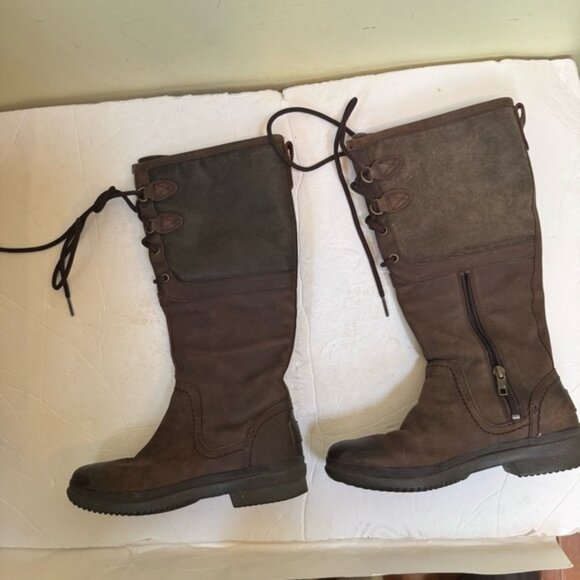 UGG ELSA Waterproof Tall Leather Suede Boots Zipper Laces Brown Winter Neutral 6 - Picture 14 of 16